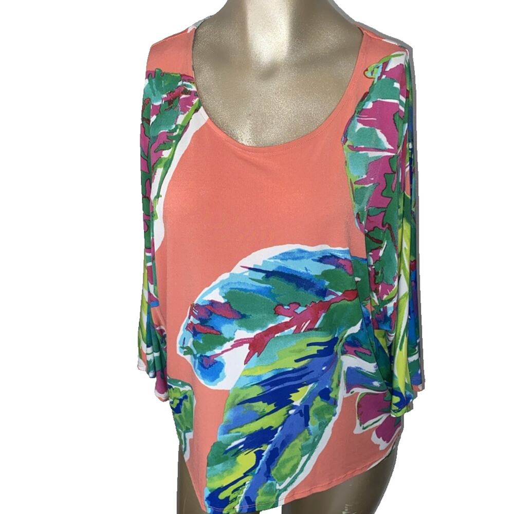 Chicos Tropical Floral Top Sz 2 Large Coral Pink Green Abstract Abstract Blouse